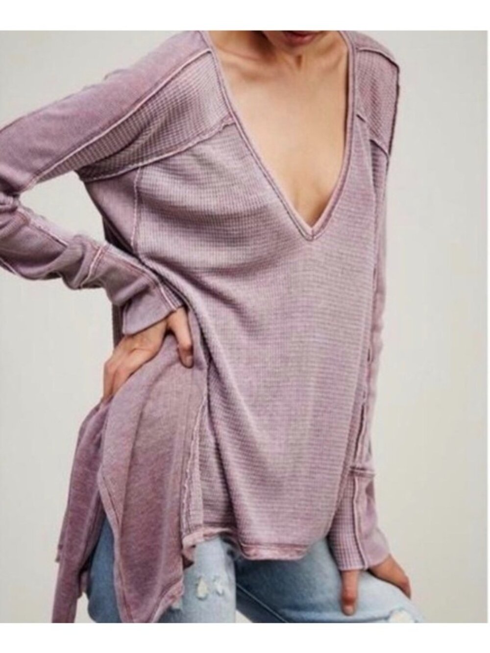 Free People Small Waffle Knit Long Sleeve Top Oversized Asymmetrical Hem Lightwe